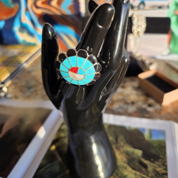 925 Sterling Silver Jewelry - Turquoise 🌠ZUNI🌠 Floral Inlay Ring